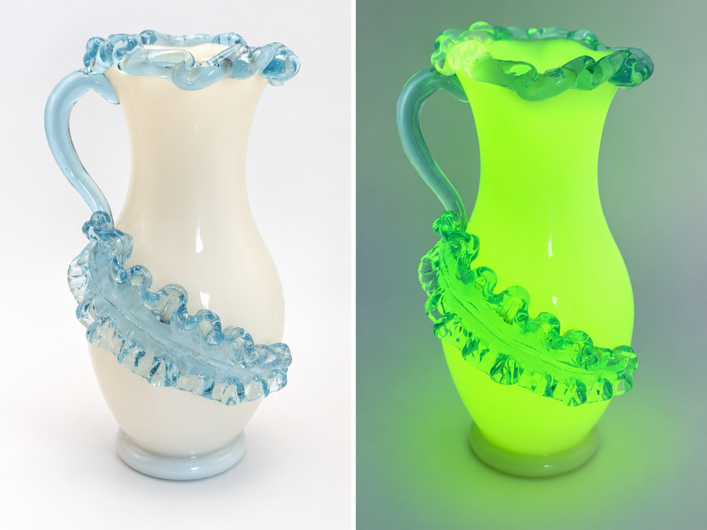 Victorian Uranium Custard Glass Vase Blue Rigaree Attrib Stevens Williams c1890